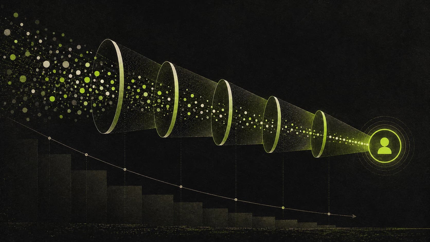 Abstract multi-step funnel filtering paid traffic into a brighter qualified lead signal.