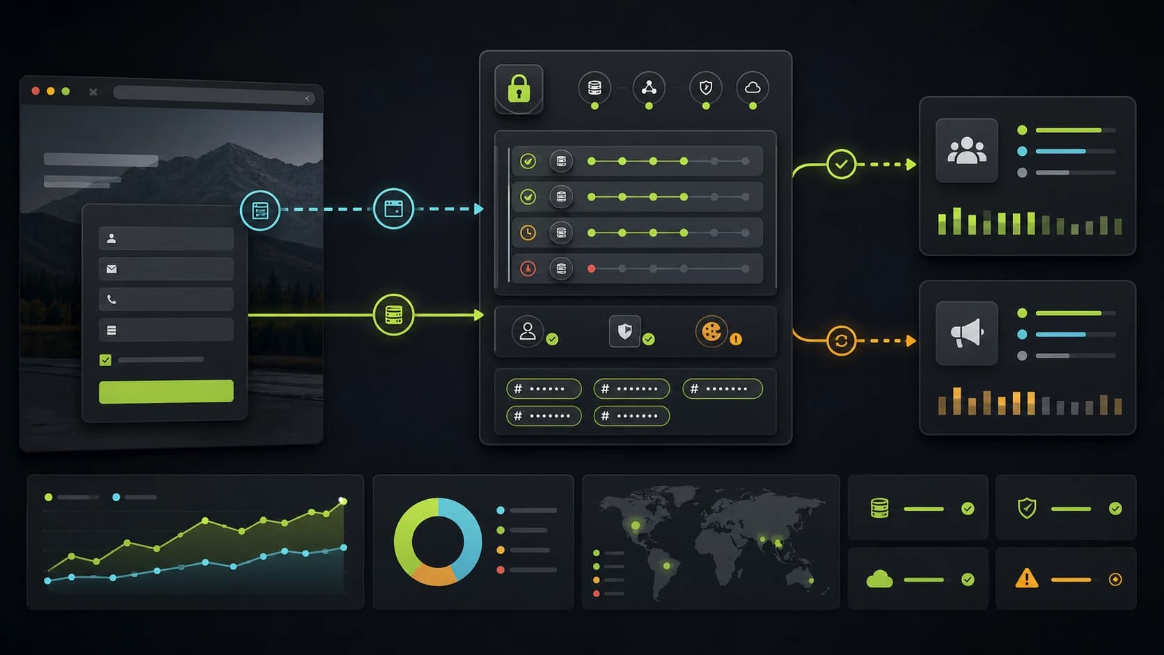Browser and backend lead events flowing through a secure server-side tracking pipeline to ad platforms.