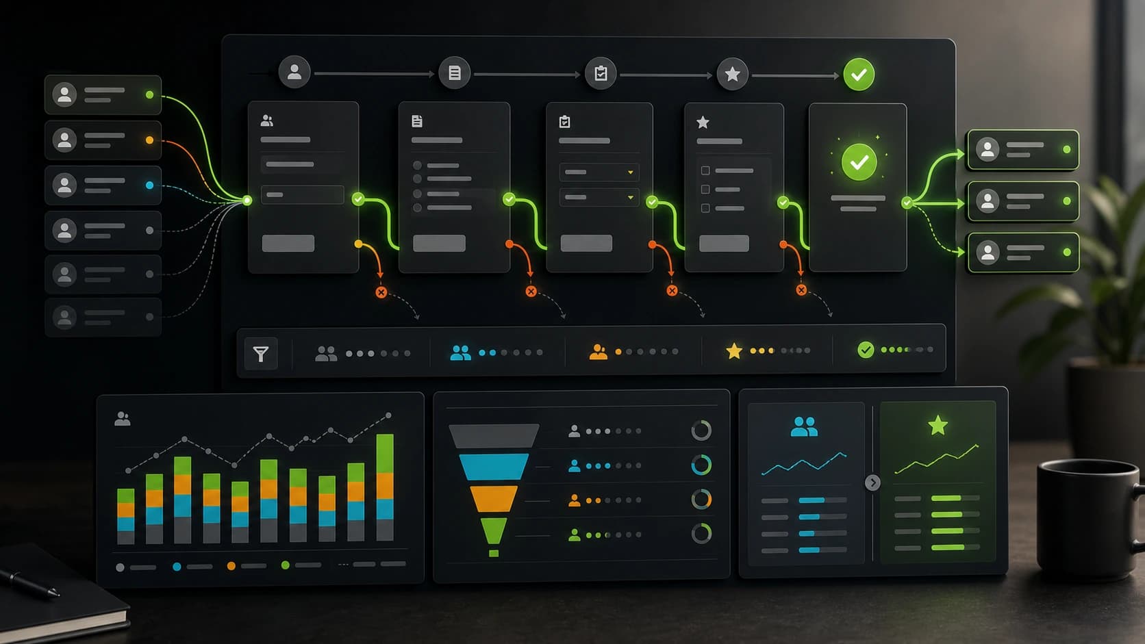 Multi-step funnel dashboard showing qualified leads improving while low-fit traffic drops out.